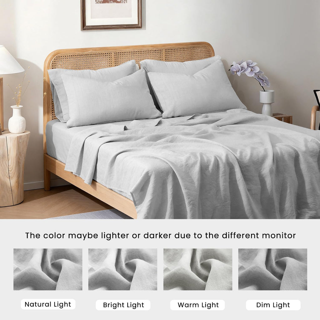 S VICTORY SYMBOL 100% Organic Linen Sheets Set Twin Size 3Pcs,French Natural Flax Bed Sheets(1 Pillowcase,1 Fitted Sheet,1 Flat Sheet) Breathable Bedding Set,Fog