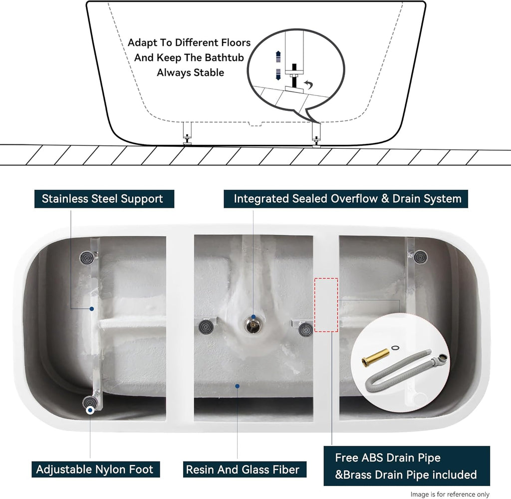 FerdY Maui 67' Acrylic Freestanding Bathtub, Contemporary Elegant Design Soaking Tub with Brushed Gold Drain and Minimalist Linear Design Overflow, Easy to Install