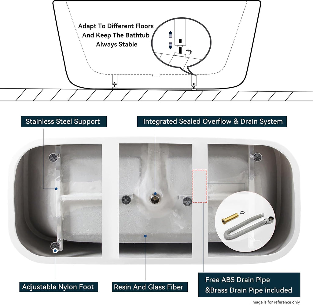 FerdY Maui 67' Acrylic Freestanding Bathtub, Contemporary Elegant Design Soaking Tub with Matte Black Drain and Minimalist Linear Design Overflow, Easy to Install
