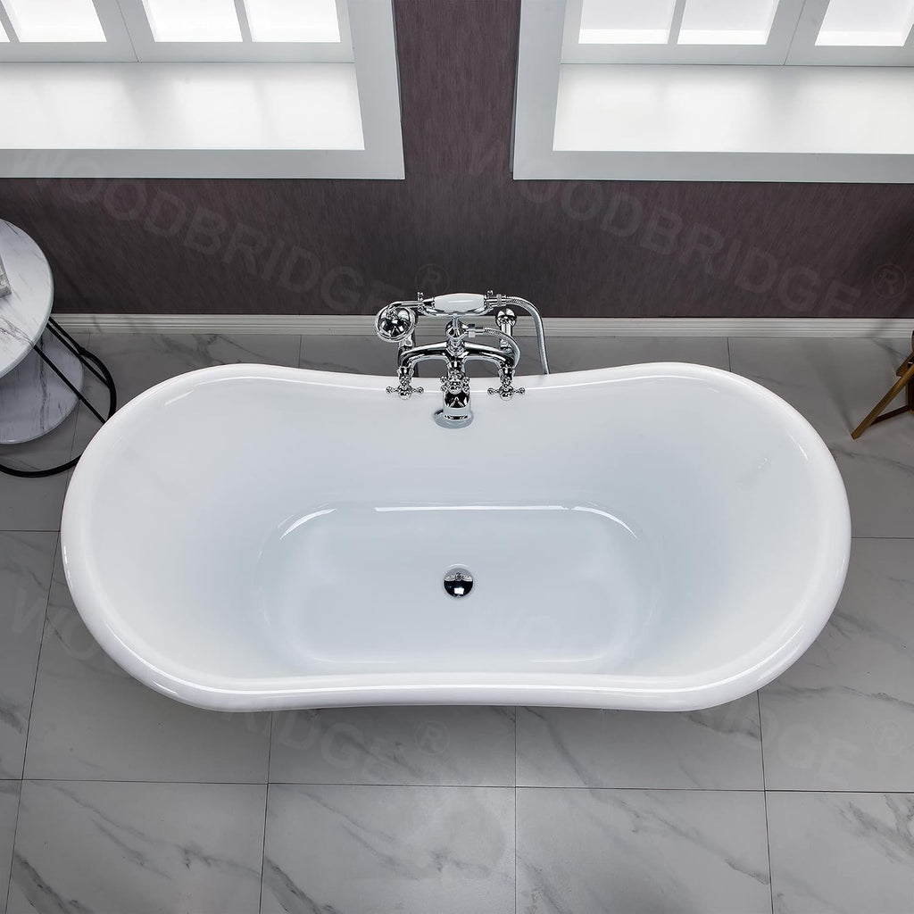 WOODBRIDGE 59' Heavy Duty Acrylic Double Slipper Clawfoot Bath Tub with Chrome Feet + Chrome Drain &Overflow