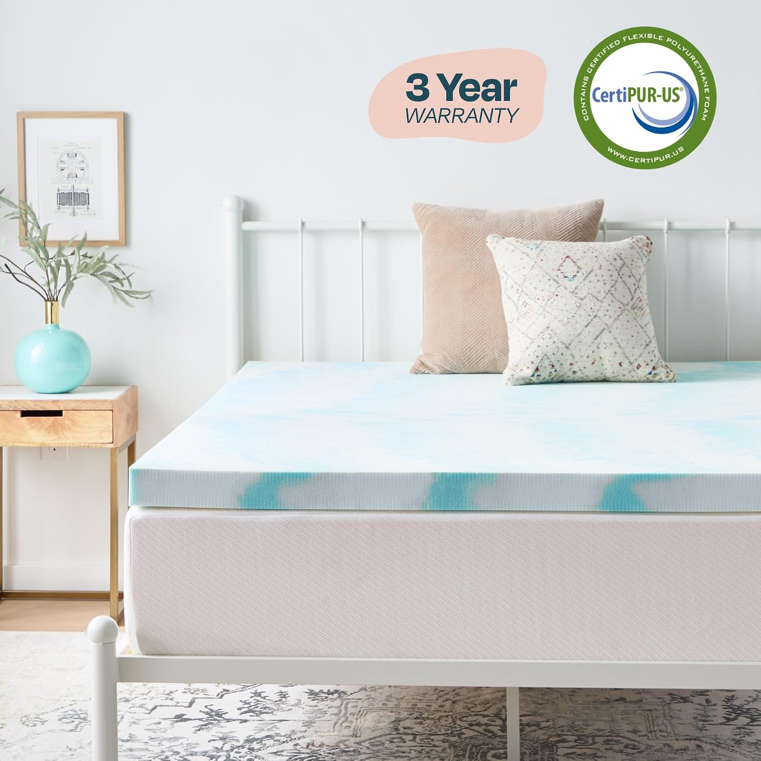 Linenspa 3 Inch Swirl Gel Memory Foam Mattress Topper, Full Size – Cooling Gel Infused, Ventilation Holes – Pressure Relieving Bed Topper – CertiPUR Certified