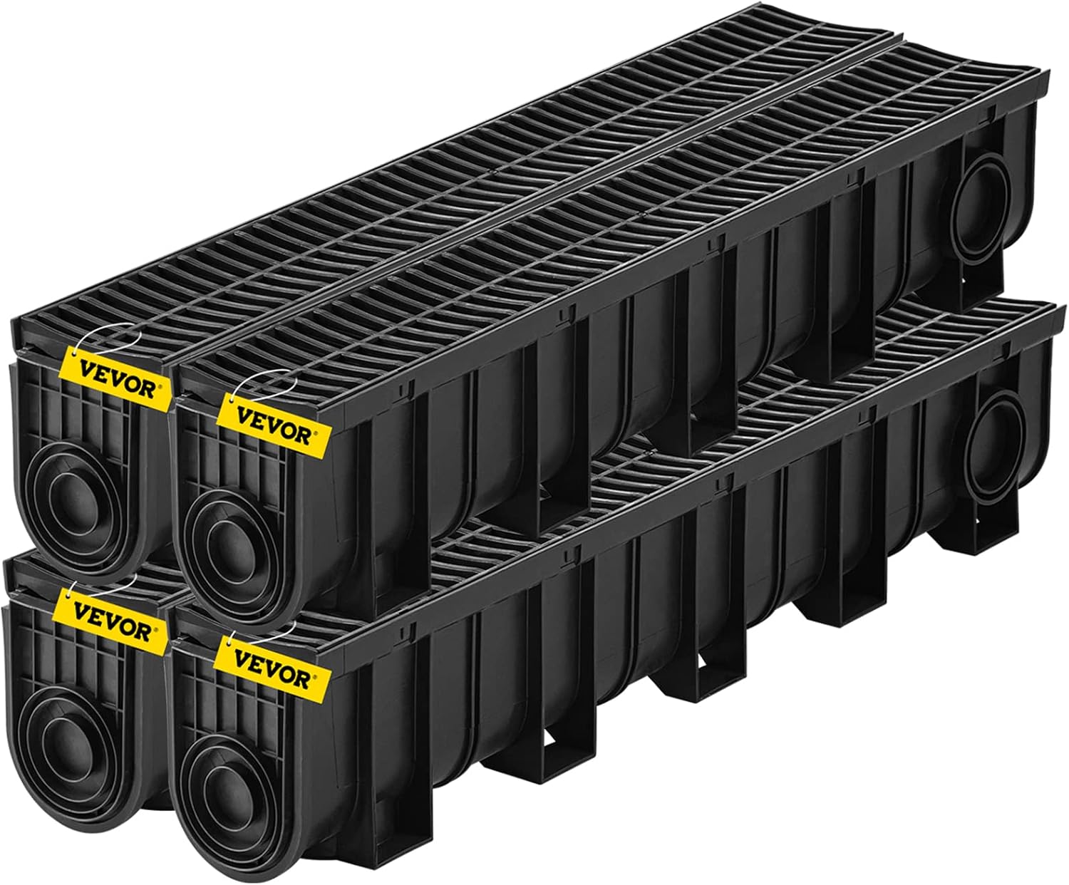 VEVOR Trench Drain System 4 Pack, Channel Drain with Plastic Grate 5.9 x 7.5 in HDPE Drainage Trench, Black Plastic Garage Floor Waterway 4 x 39 in with 4 End Caps for Garden Driveway