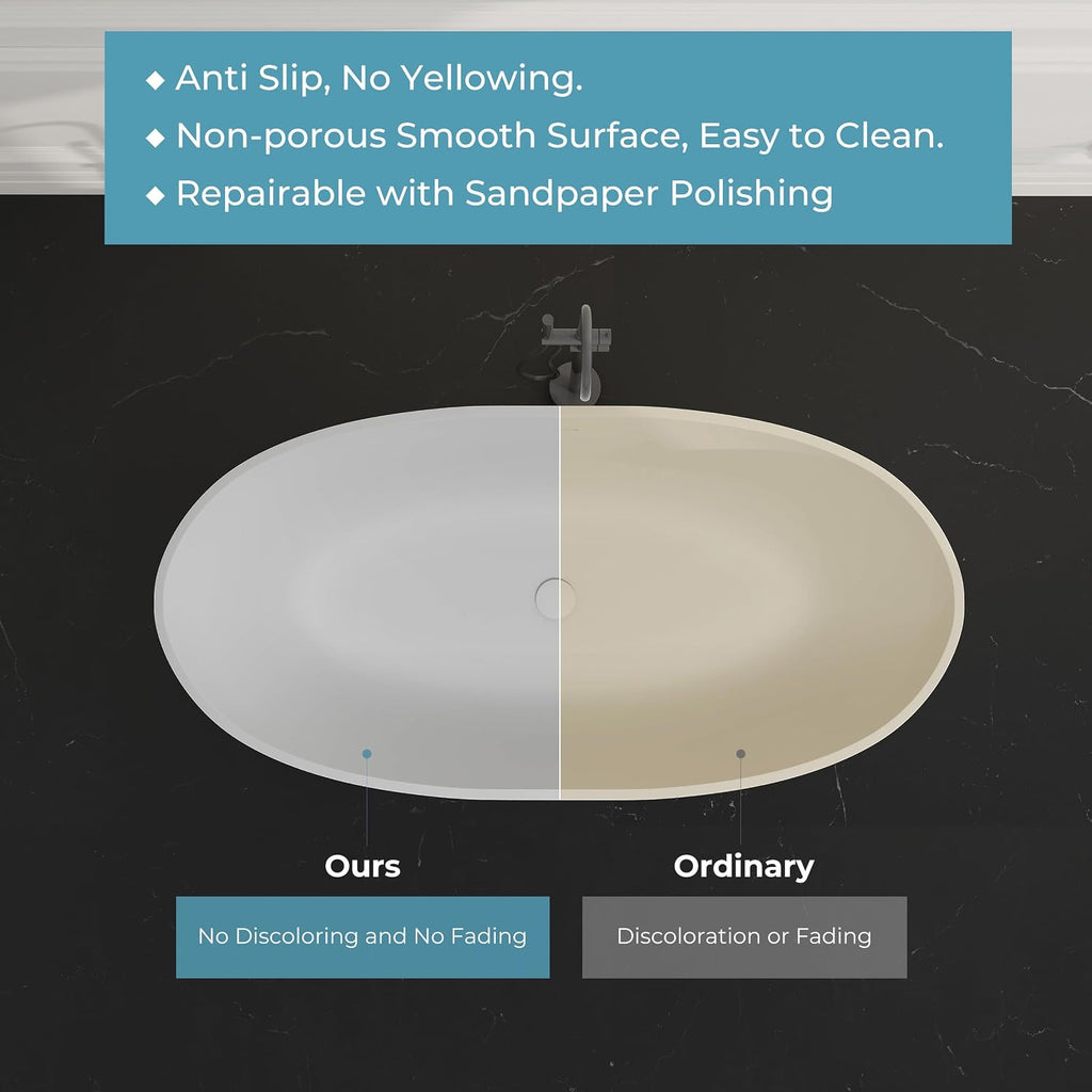 65' Premium Solid Surface Freestanding Bathtub, Contemporary Design Stand Alone Stone Resin Tub with Overflow and Pop-up Drain, Matte White