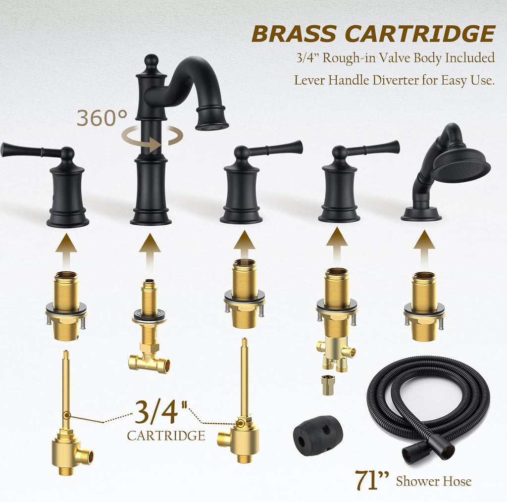 Roman Tub Faucet Set With Handheld Shower 5 Hole Deck Mount Tub Filler With Diverter, 3 Lever Handle Rough-in Valve and Water Supply Lines Included for Bathroom Tub, Matte Black
