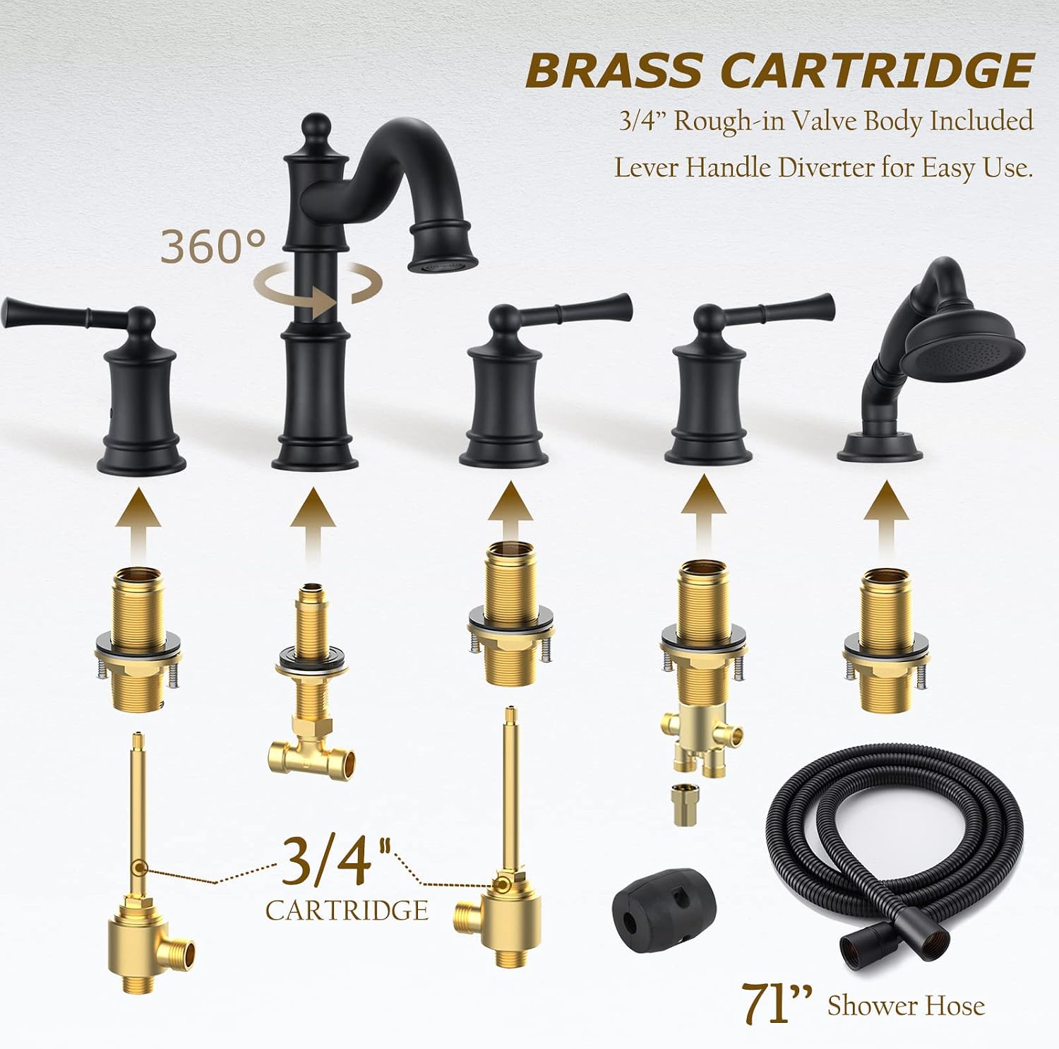 Roman Tub Faucet Set With Handheld Shower 5 Hole Deck Mount Tub Filler With Diverter, 3 Lever Handle Rough-in Valve and Water Supply Lines Included for Bathroom Tub, Matte Black