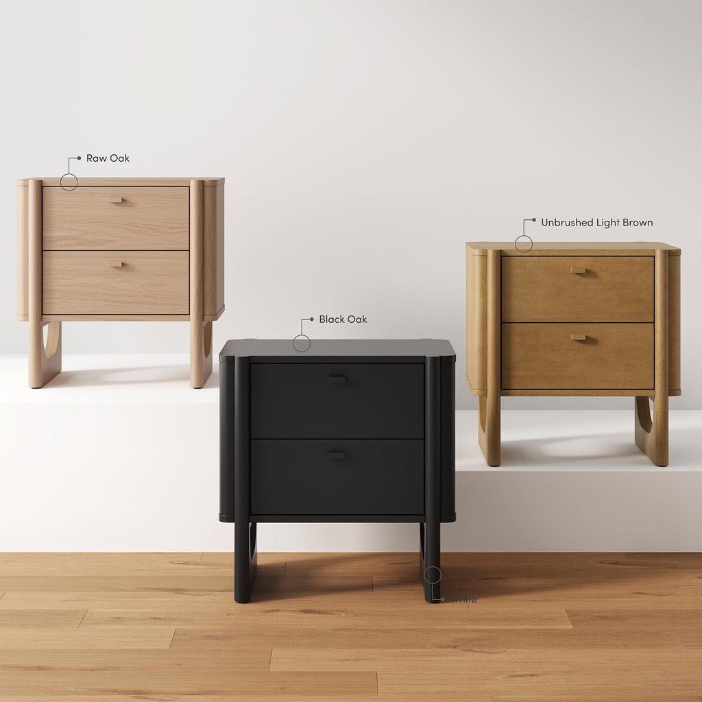 Nathan James Solace Mid Century Modern 2 Drawer Nightstand with Solid Wood Frame and Rounded Details, Black