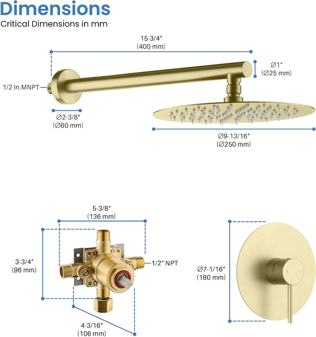 KIBI Rain Shower System with Valve, Wall Mounted Single Function Bathroom Shower Faucet Set – Solid Brass Pressure Balanced Shower Trim Kit with Round Rainfall Shower Head, Brushed Gold (KSF407BG)