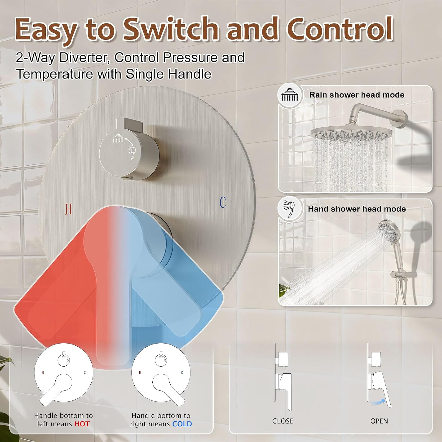 Iriber Brushed Nickel Round Rain Shower System Faucet Set，Bathroom Filtered Shower Head with Handheld, 9 Spray Mode Showerhead with Filters,Shower Valve Trim Kit Contain Cartridge,10 Inch