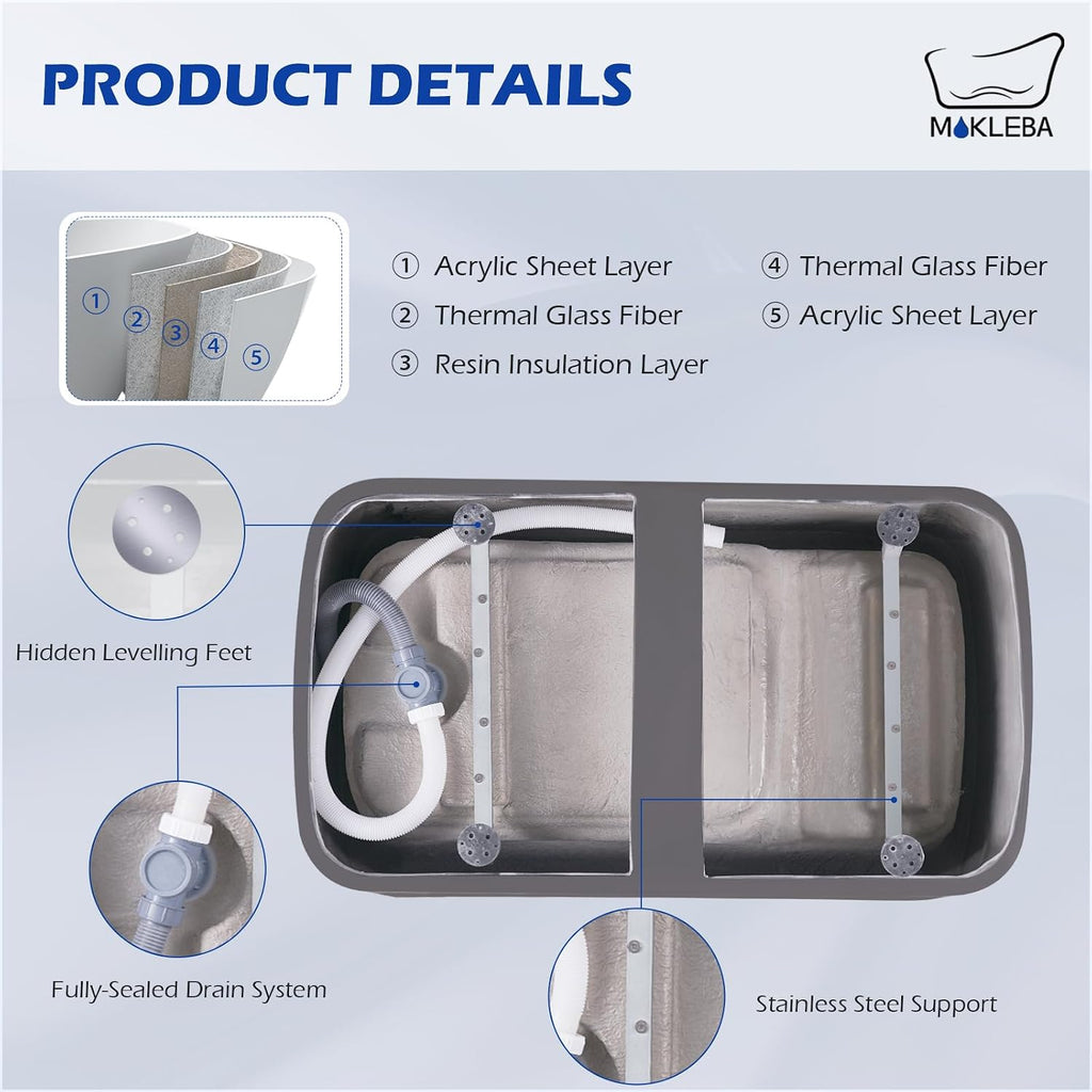 47' Lucite Acrylic Freestanding Bathtub，Square Shape Janpanese Soaking Tub with Seat Desgin,Toe-tap Chrome Right Drain, Slotted Overflow, cUPC Certified, 37° Gray