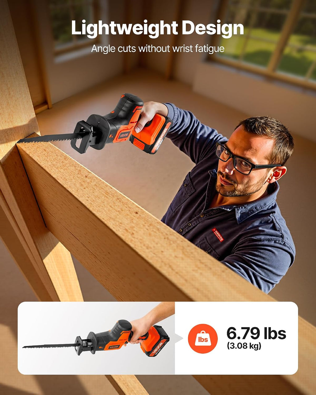 VEVOR Cordless Reciprocating Saw, 20V Brushless Reciprocating Saw with Battery, 3000 SPM Variable Speed, 1' Stroke Length Charger, 8 Blades, and Carrying Bag, for Wood, Metal and Plastic Cutting