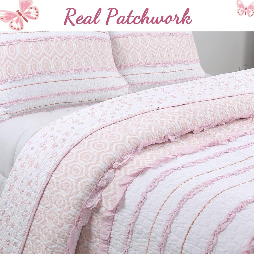 Cozy Line Home Fashions Pretty in Pink Girly Ruffle Stripped 100% Cotton Reversible Quilt Bedding Set, Coverlet, Bedspread (Pink Princess, Queen - 5 Piece: 1 Quilt + 2 Shams + 2 Decor Pillows)
