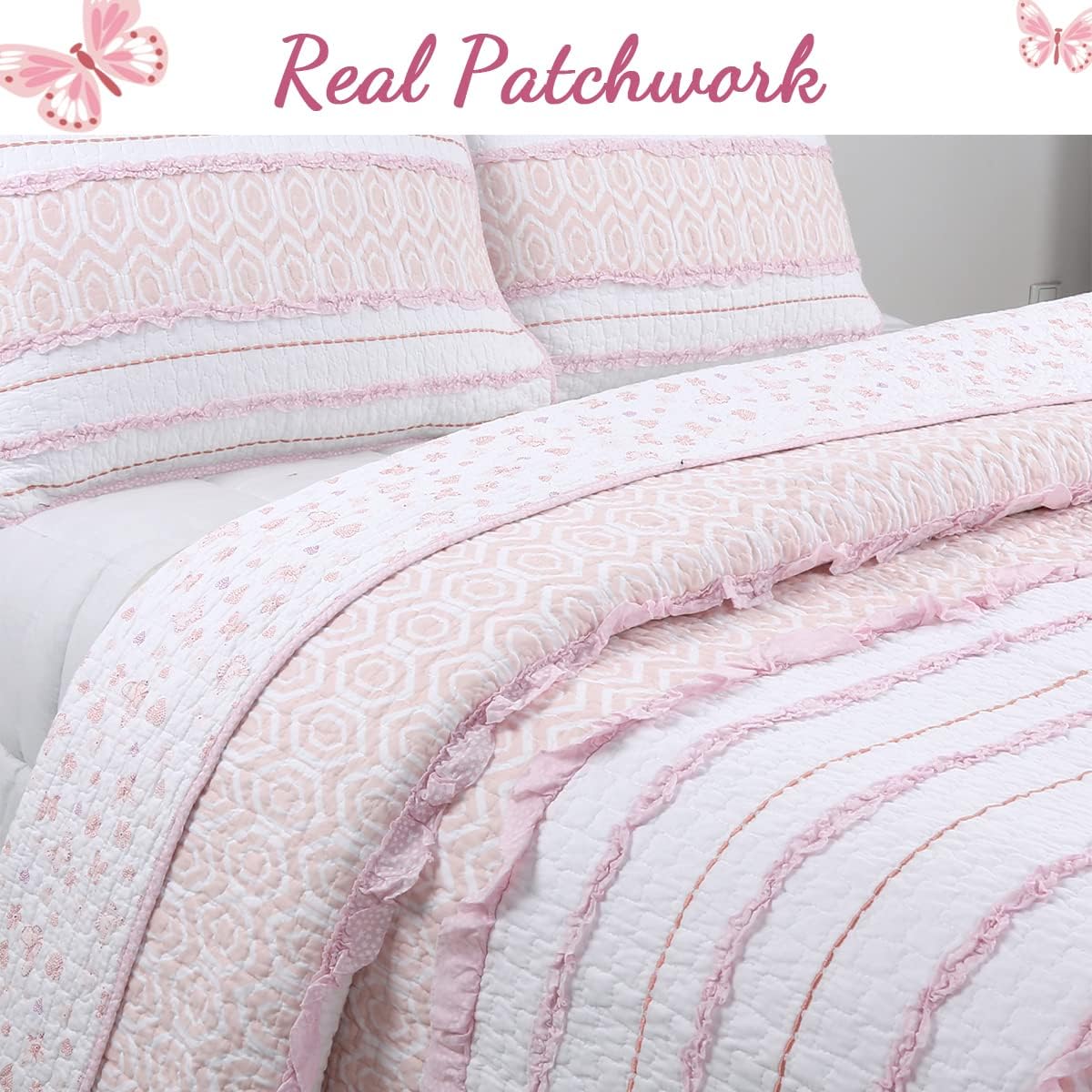 Cozy Line Home Fashions Pretty in Pink Girly Ruffle Stripped 100% Cotton Reversible Quilt Bedding Set, Coverlet, Bedspread (Pink Princess, Queen - 5 Piece: 1 Quilt + 2 Shams + 2 Decor Pillows)