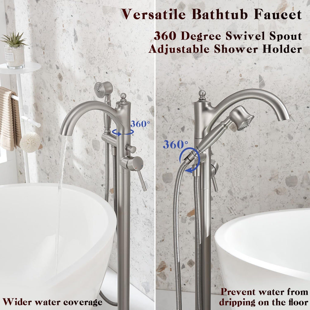 Freestanding Tub Faucets, Classic Freestanding Bathtub Faucet with Retro Handheld Sprayer High Flow Max 7.04GPM Floor Mount Tub Filler Swivel Spout Bath Tub faucet Brushed Nickel (WT-9002BN)