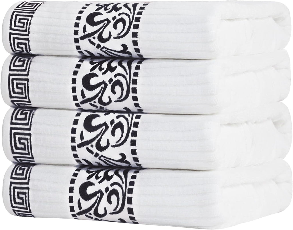 Superior 4-Piece Bath Towel Set, Greek/Floral Decor for Bathroom, Guest Bath, Resort, Home Essentials, Absorbent Cotton, Adults and Kids, Fast Drying Towels, Athens Collection, Black (Pack of 16)