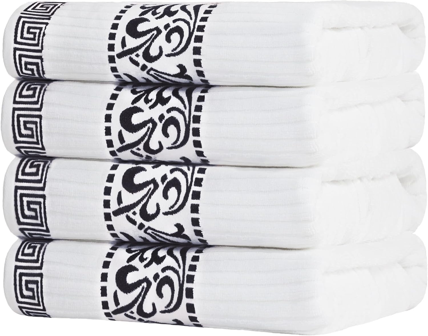 Superior 4-Piece Bath Towel Set, Greek/Floral Decor for Bathroom, Guest Bath, Resort, Home Essentials, Absorbent Cotton, Adults and Kids, Fast Drying Towels, Athens Collection, Black (Pack of 16)