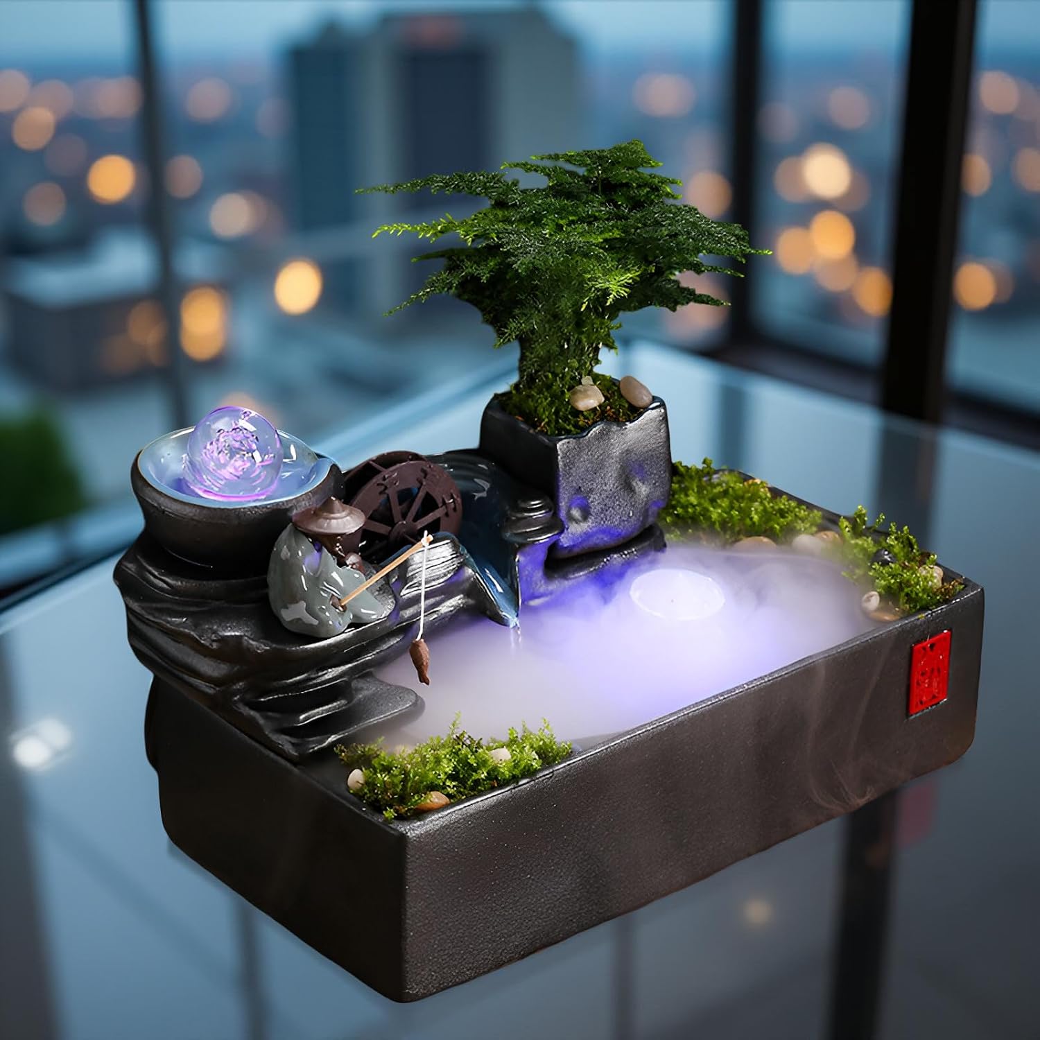 Zen Tabletop Fountain with LED Lights & Mist Maker - Indoor Waterfall Decor with Crystal Stones for Home, Office, Meditation Room - Relaxing Desktop Humidifier Gift (C Style)(C Style)