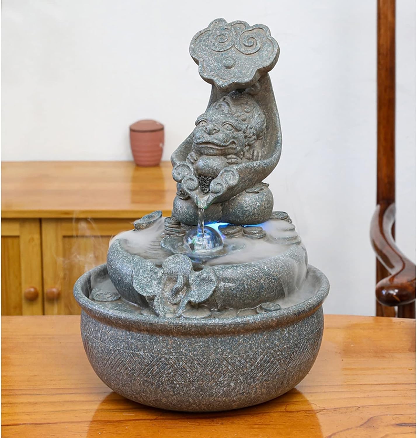 HIHELO Desktop Fountain Resin Tabletop Fountain Waterfall Decoration with LED Lights Portable Tabletop Decoration Zen Meditation Waterfall for Office Living Room Water Fountain Outdoor (Color : A)