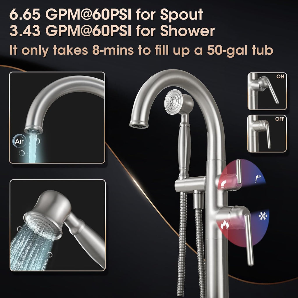 Brushed Nickel Freestanding Bathtub Faucet,Brass Floor Mount Tub Faucet High Flow Max 6.6GPM/60PSI with Hand Shower