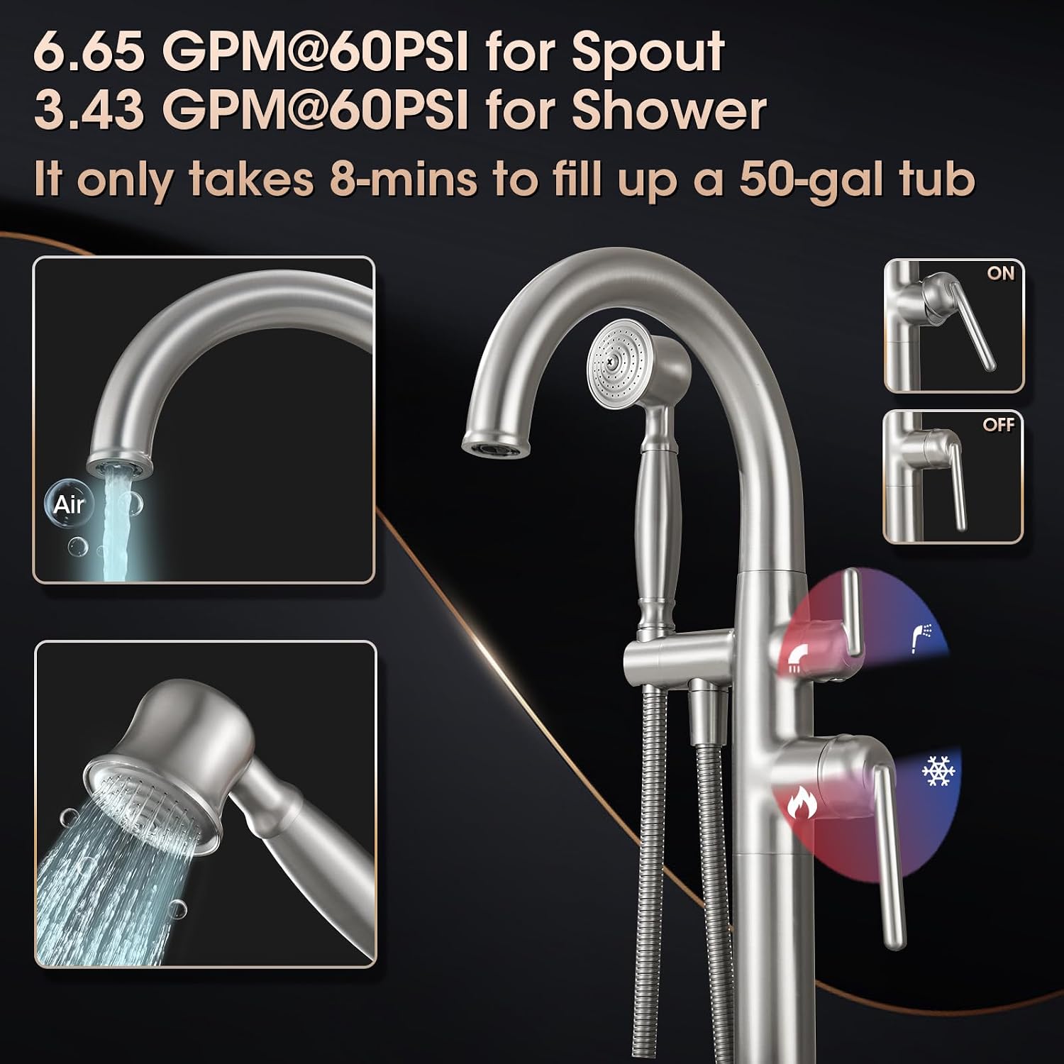 Brushed Nickel Freestanding Bathtub Faucet,Brass Floor Mount Tub Faucet High Flow Max 6.6GPM/60PSI with Hand Shower