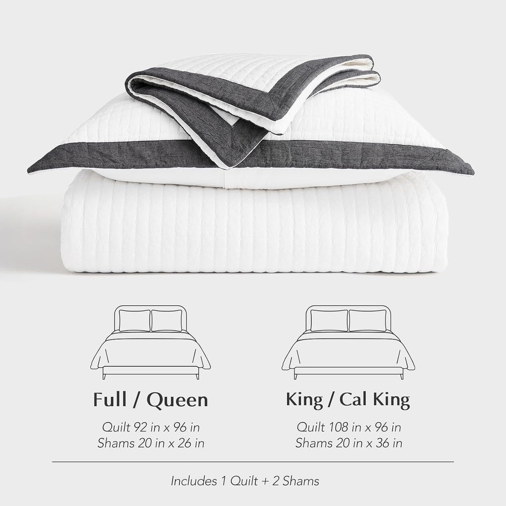 EVERGRACE Cotton Border Frame Tack-Stitch Quilt Bedding Set Queen Size, Coastal Oversized 3 Pieces Lightweight Bedspread Coverlet for All Season, with 2 Matching Shams, Washed Black