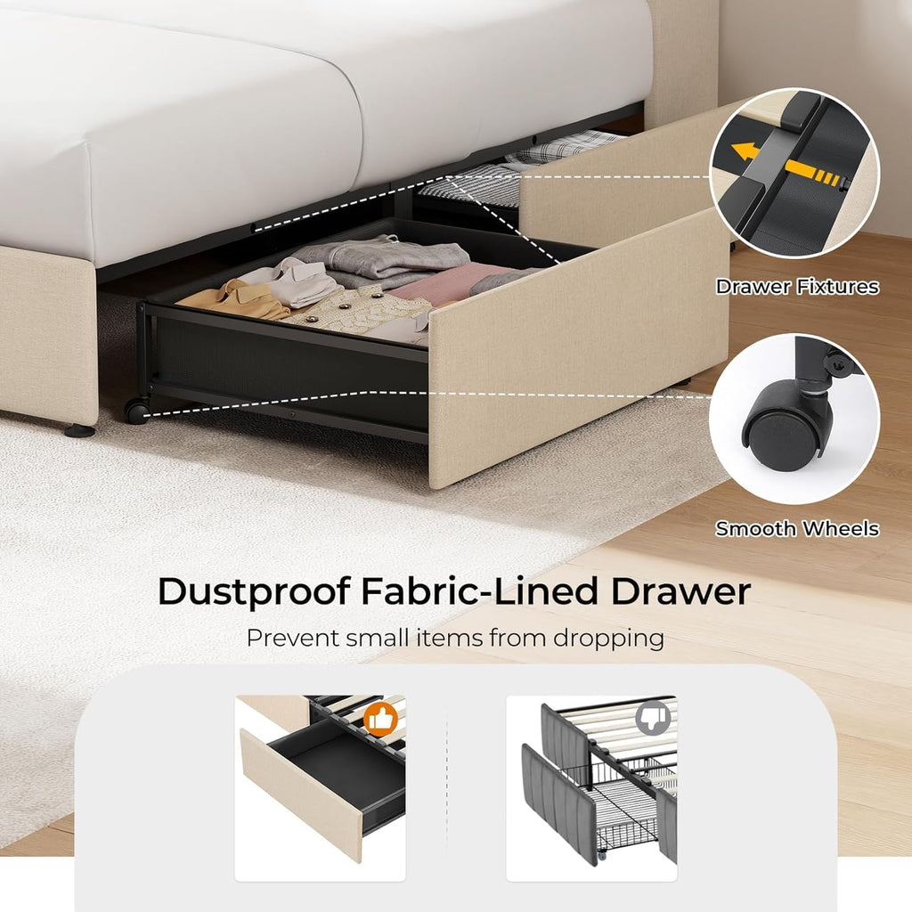 koorlian Queen Size Upholstered Bed Frame with Storage Headboard and 4 Dustproof Drawers, 51'' Tall LED Platform Bed Frame with Adjustable Headboard, USB/Type-C Charging and Side Storage, Off White