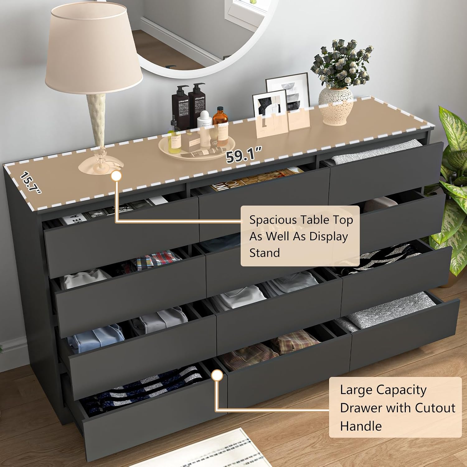 Vibe & Dine Black Dresser 12 Drawer, Modern Long Dresser for Bedroom, Wood Chest of Drawers with Wide Storage for Living Room