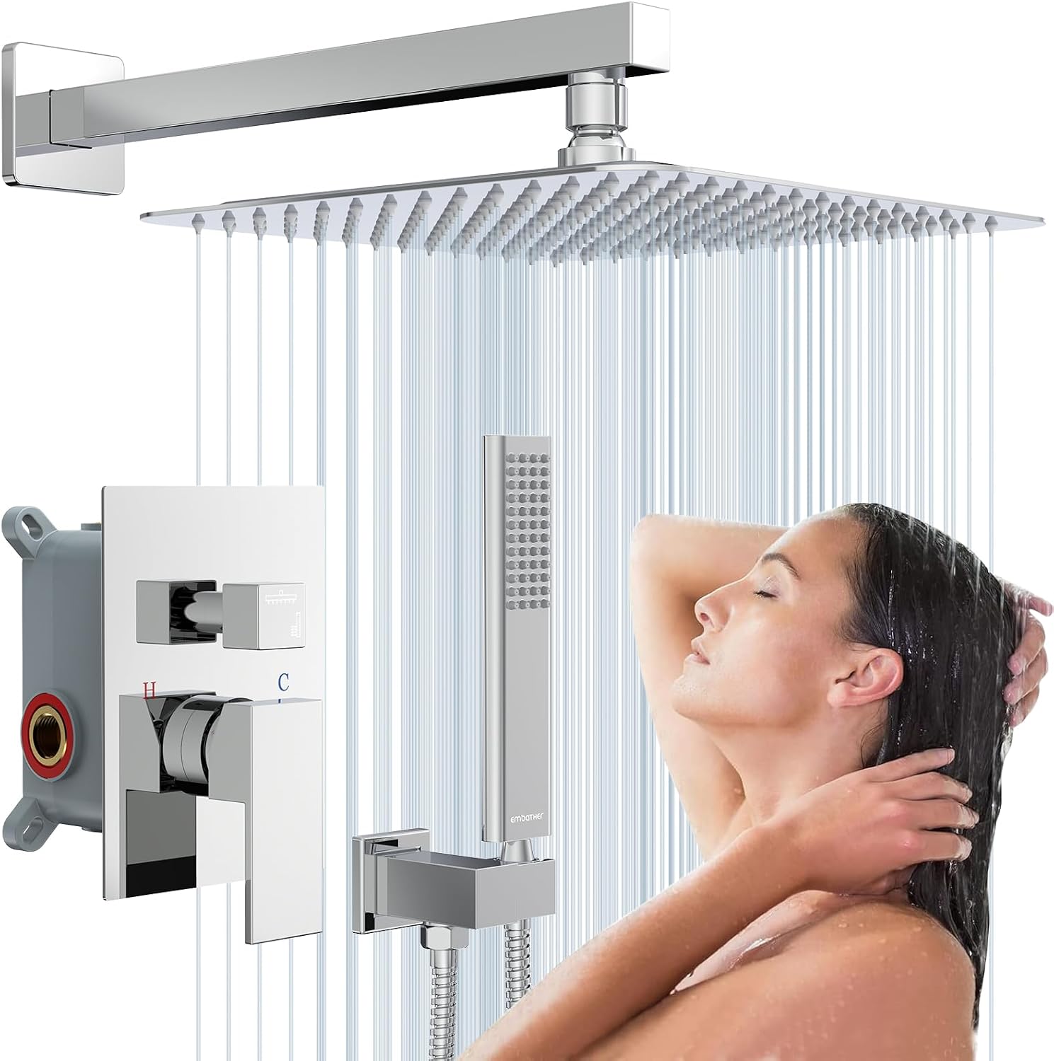 EMBATHER Shower System Chrome Shower Faucet Sets with 12' Rain Shower Head For Bathroom, Wall Mounted Square Shower Combo Set With Adjustable Handheld Bracket (Contain Rough-in Valve & Trim)