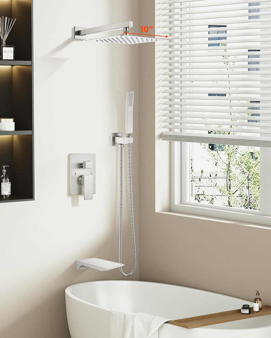 gotonovo Shower System with Tub Spout,Waterfall Tub Shower Faucet Set for Bathroom Head and Handle Set Wall Mounted 3 Function Rough-in Valve and Trim Included 10 inch Shower Head Brushed Nickel