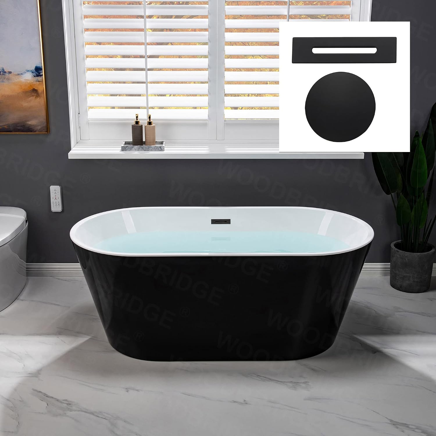 WOODBRIDGE 59' Acrylic Freestanding Bathtub Contemporary Soaking Black Tub with Matte Black Overflow and Drain，B1814-MB