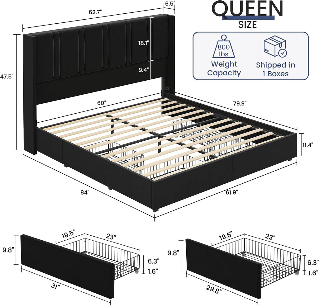 BRELTAM Queen Size Bed Frame with 4 Storage Drawers Velvet Upholstered Platform Bed with Wingback Headboard, No Box Spring Needed, Easy Assembly, Black