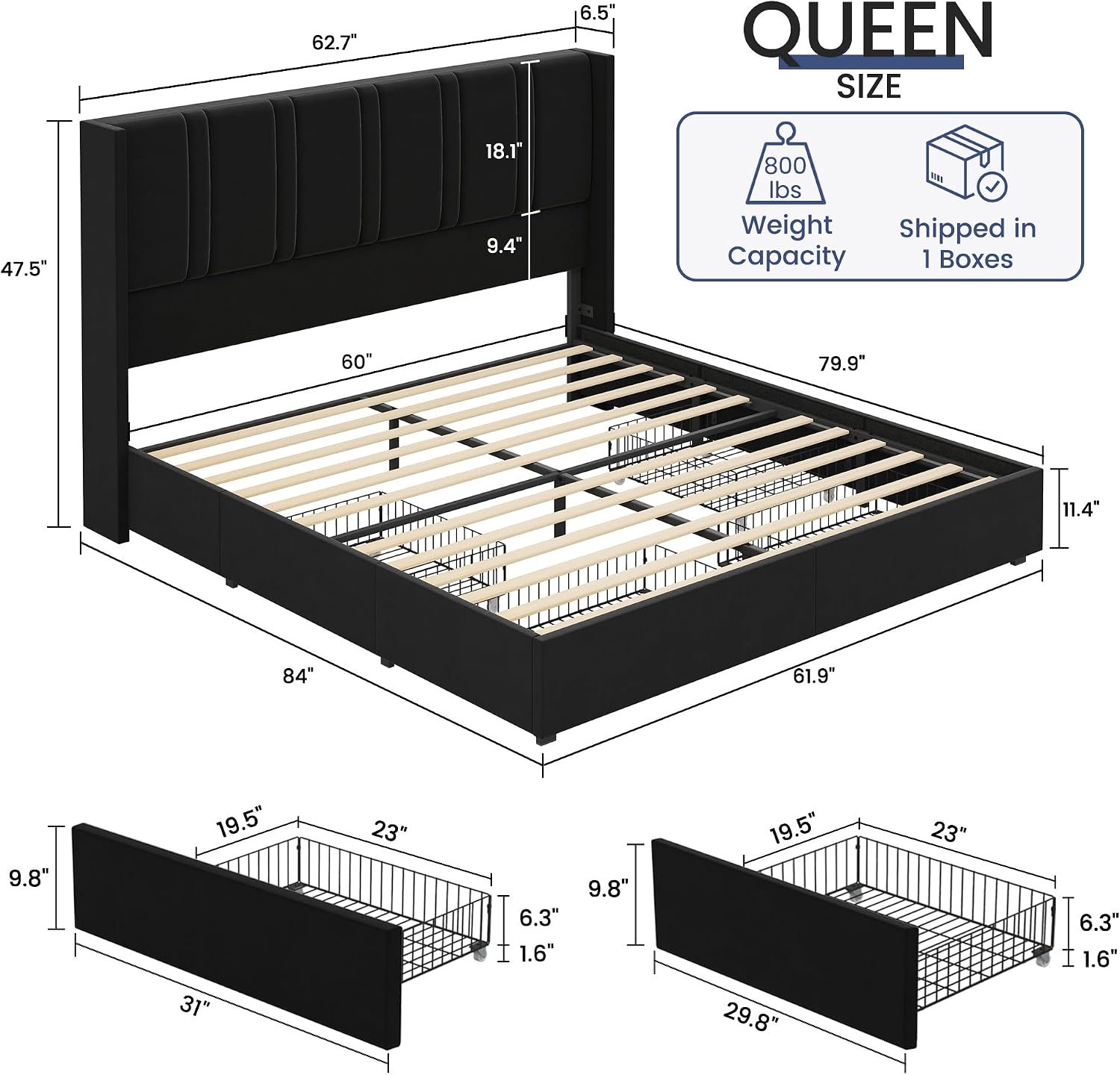 BRELTAM Queen Size Bed Frame with 4 Storage Drawers Velvet Upholstered Platform Bed with Wingback Headboard, No Box Spring Needed, Easy Assembly, Black