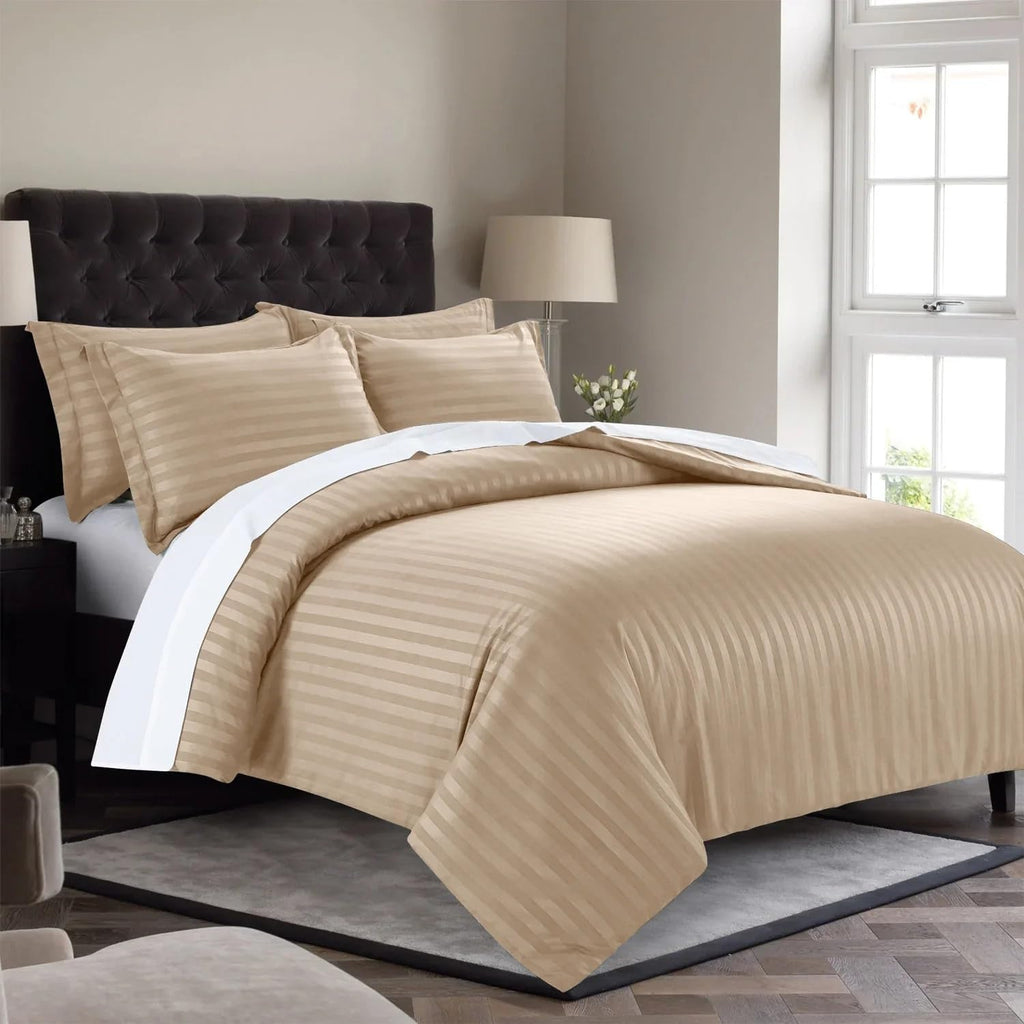 1000 Thread Count Damask Stripe 5 Piece Duvet Cover Set King Size 104x94 Inch 100% Egyptian Cotton Soft & Breathable (1 Duvet Cover & 4 Pillow Shams) Zipper Closure & Corner Ties, Beige Striped