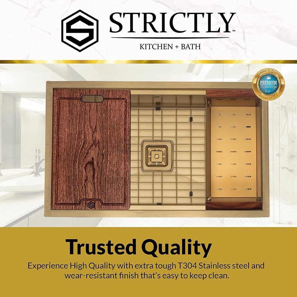Strictly Sinks Undermount Workstation Gold Kitchen Sink –32 Inch 16 Gauge Single Bowl Kitchen Sink with Bottom Grid, Wooden Cutting Board, Colander, 1 Garbage Disposal Adapter, & 1 Strainer Drain