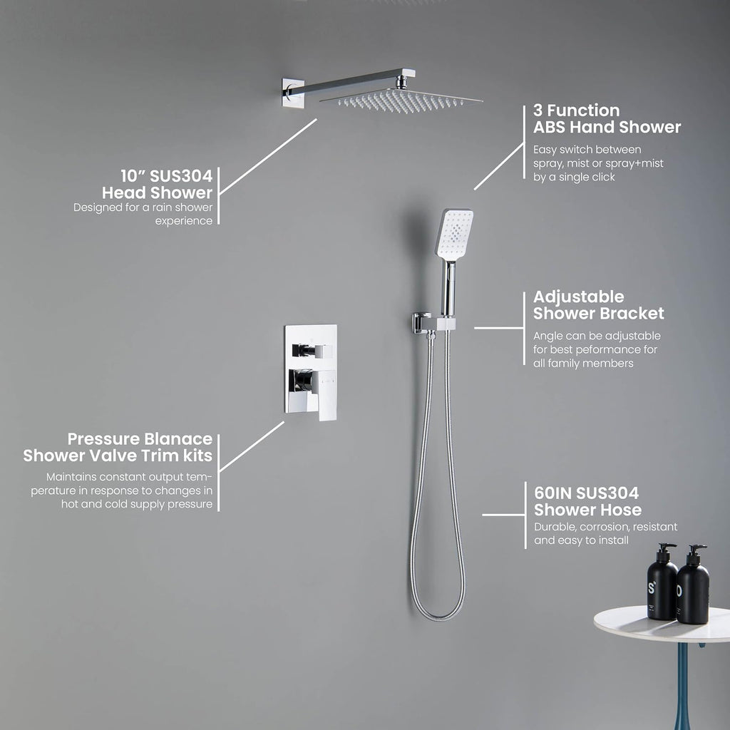 KIBI Cube Chrome Finish Shower System – Rainfall & Handheld Shower Head Set | 2‑Function Wall-Mounted Faucet Set with Solid Brass Pressure Balanced Valve, 15' Shower Arm & Hose (KSF405CH)