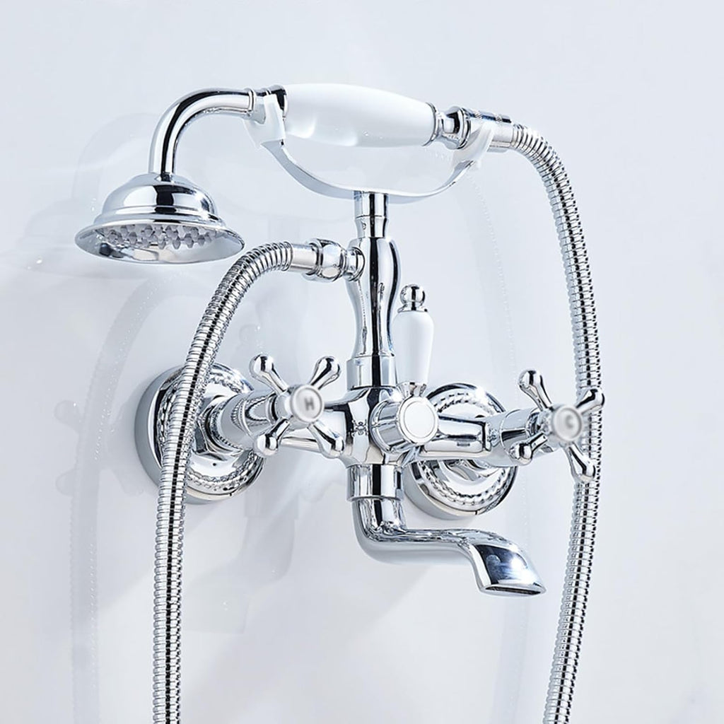 BiaoTeng Vintage Wall Mount Bathtub Faucet Double Cross Handle with 360° Swivel Hot and Cold Brass Bath Tub Faucet Set Antique Chrome
