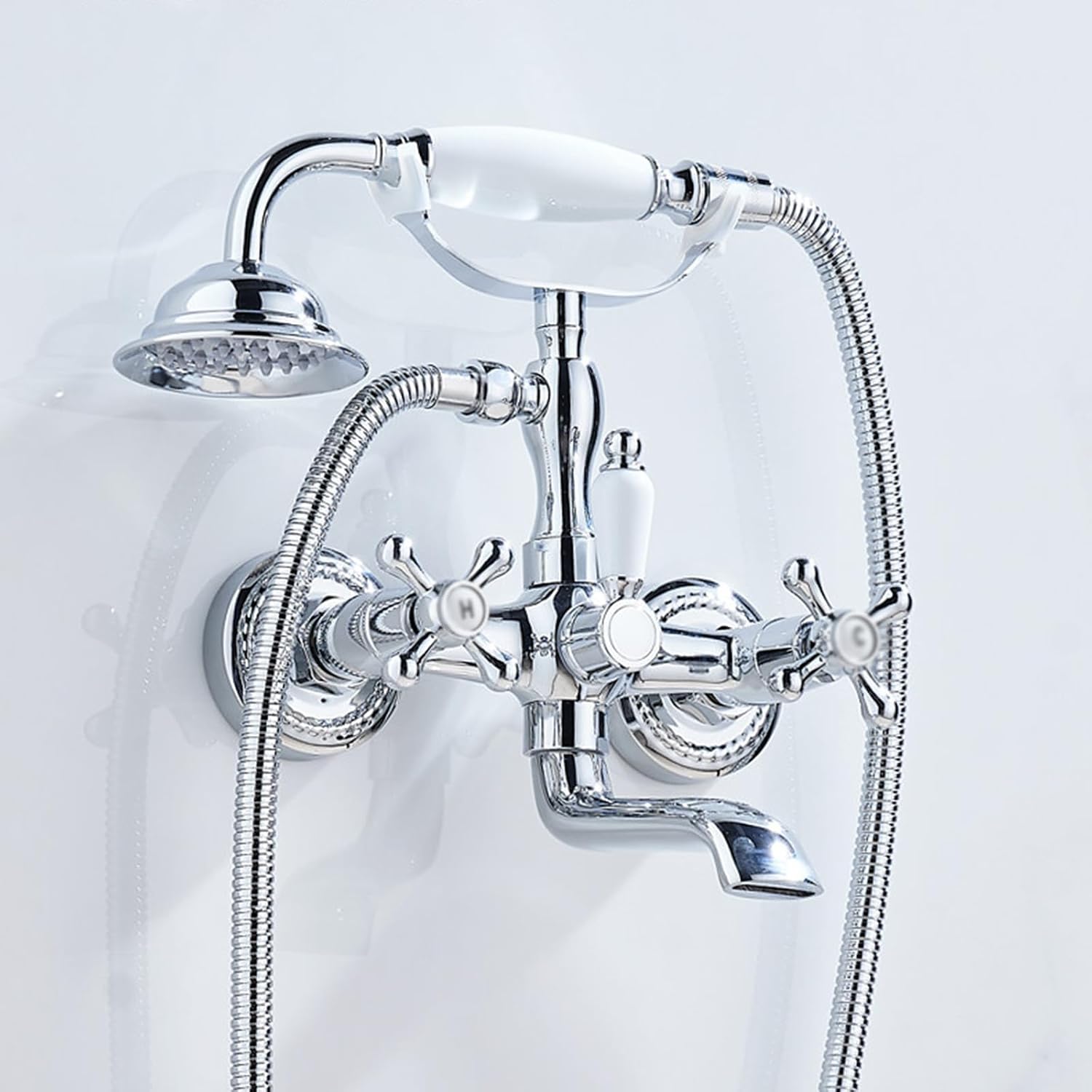 BiaoTeng Vintage Wall Mount Bathtub Faucet Double Cross Handle with 360° Swivel Hot and Cold Brass Bath Tub Faucet Set Antique Chrome