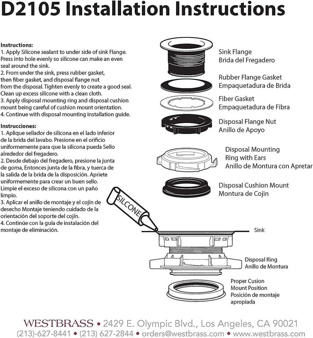 Westbrass D2105-50-62 3-1/2' EZ-Mount Brass Kitchen Sink Waste Disposal Drain Flange and Stopper, Matte Black (50-Pack)