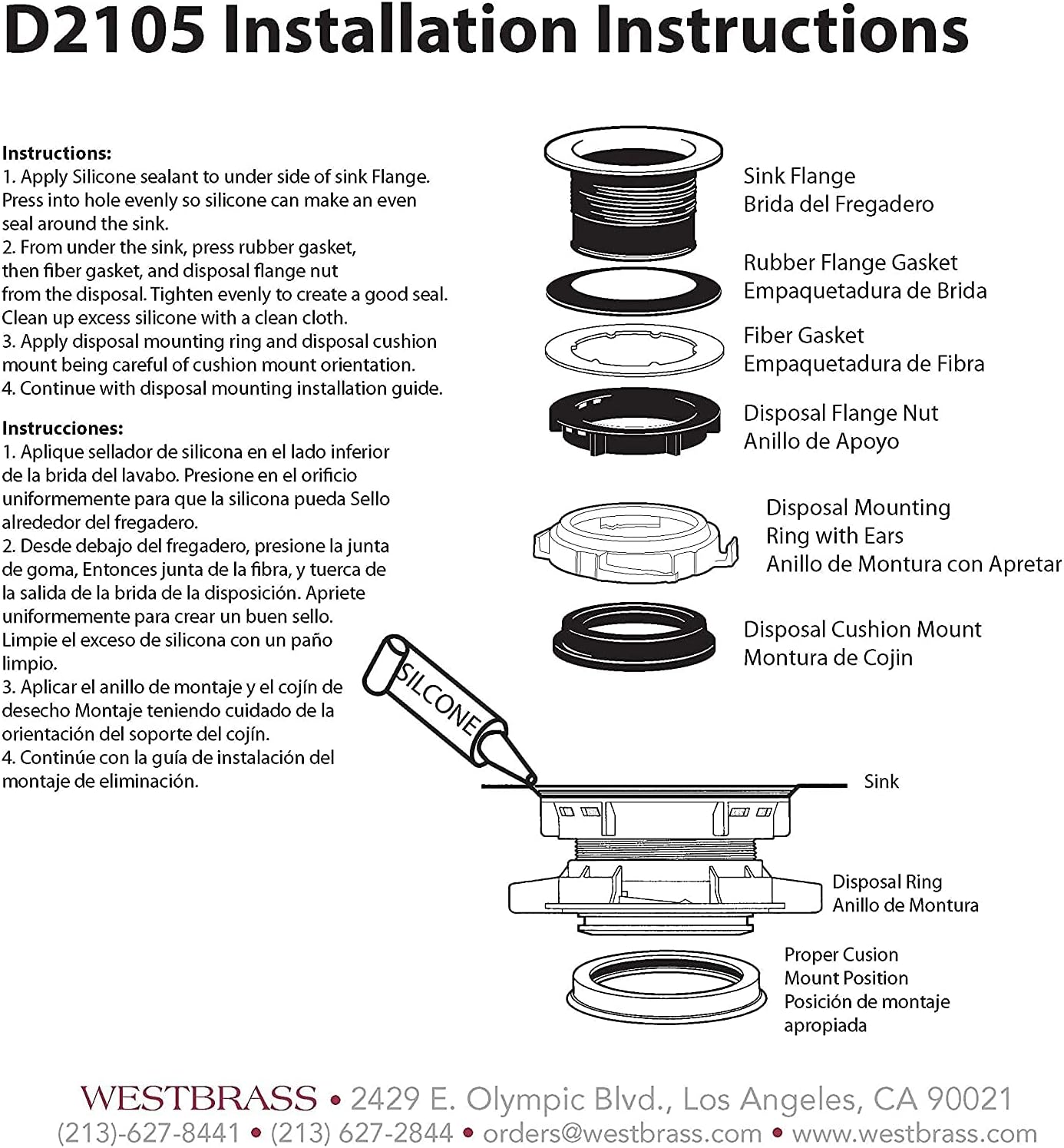 Westbrass D2105-50-62 3-1/2' EZ-Mount Brass Kitchen Sink Waste Disposal Drain Flange and Stopper, Matte Black (50-Pack)