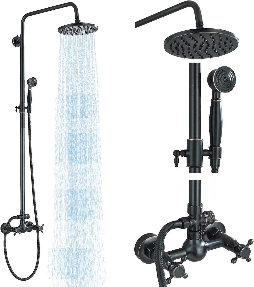Rain Shower System Oil Rubbed Bronze Outdoor Shower Faucet Set with 8 Inch Rainfall Shower Head Handheld Spray 2 Cross Handles Wall Mounted Bathroom Shower Fixtures Solid Brass