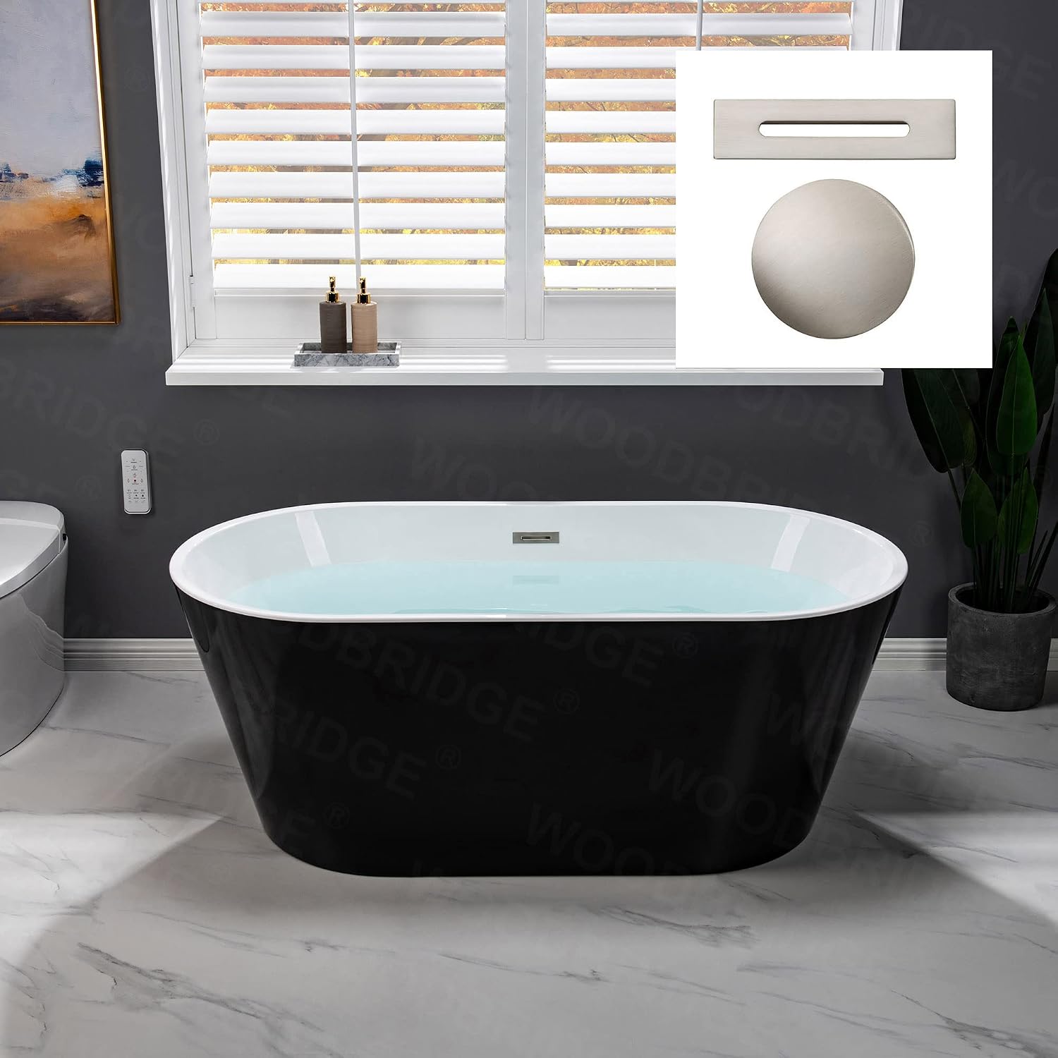 WOODBRIDGE 59' Acrylic Freestanding Bathtub Contemporary Soaking Tub with Brushed Nickel Overflow and Drain,Black