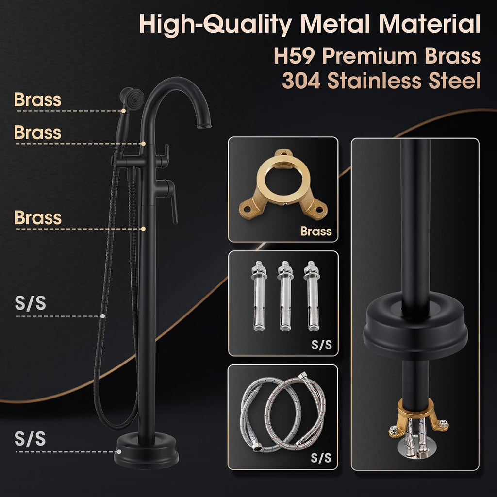 Freestanding Bathtub Faucet Matte Black Floor Mount Tub Faucets High Flow Max 6.6GPM/60PSI Vintage Hand Shower&Swivel Spout