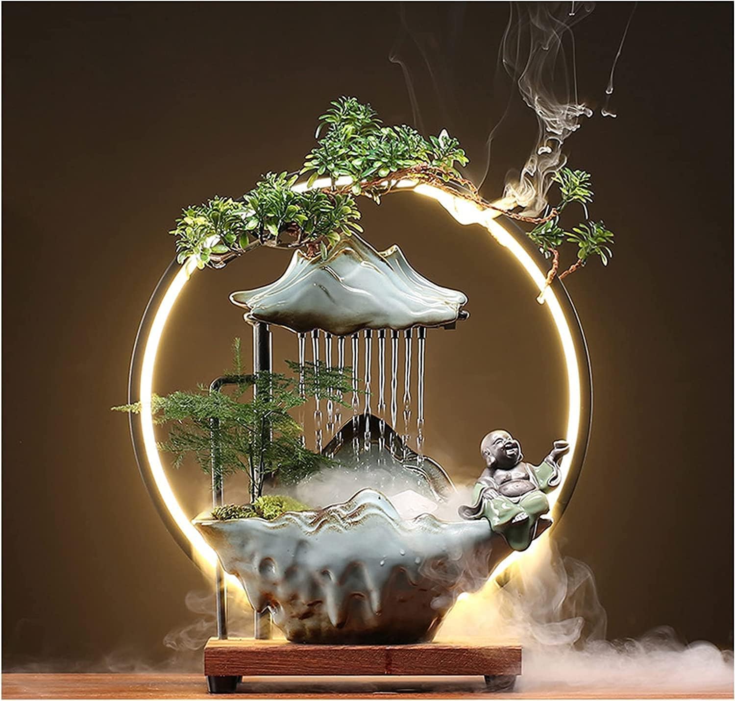 Buddha Tabletop Water Fountains Indoor Waterfall with Mist Zen Decor for Meditation Japanese Decor with Fake Plants Feng Shui Decoration for Good Luck Wealth