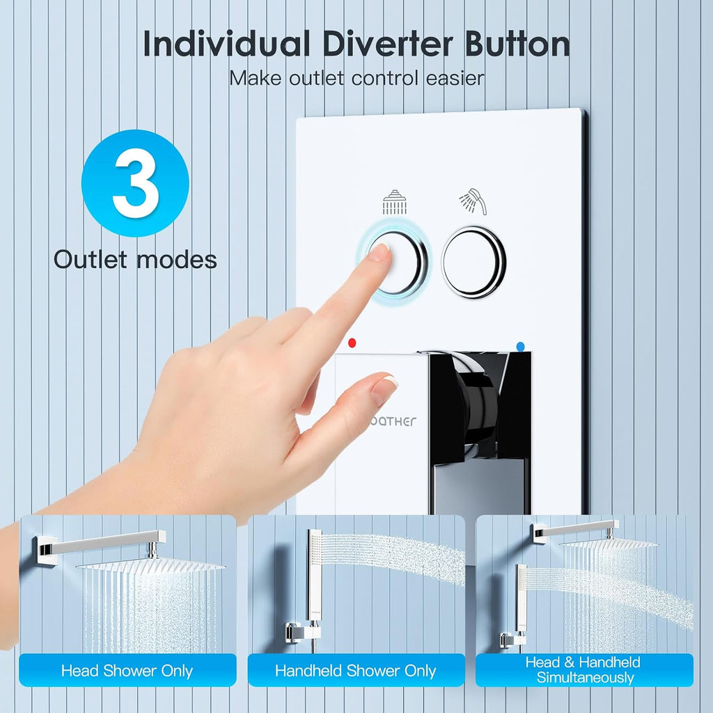 Shower System Shower Faucet Set with Push-Button Diverter and Wall Supply Elbow 10 Inch Shower Head Polished Chrome