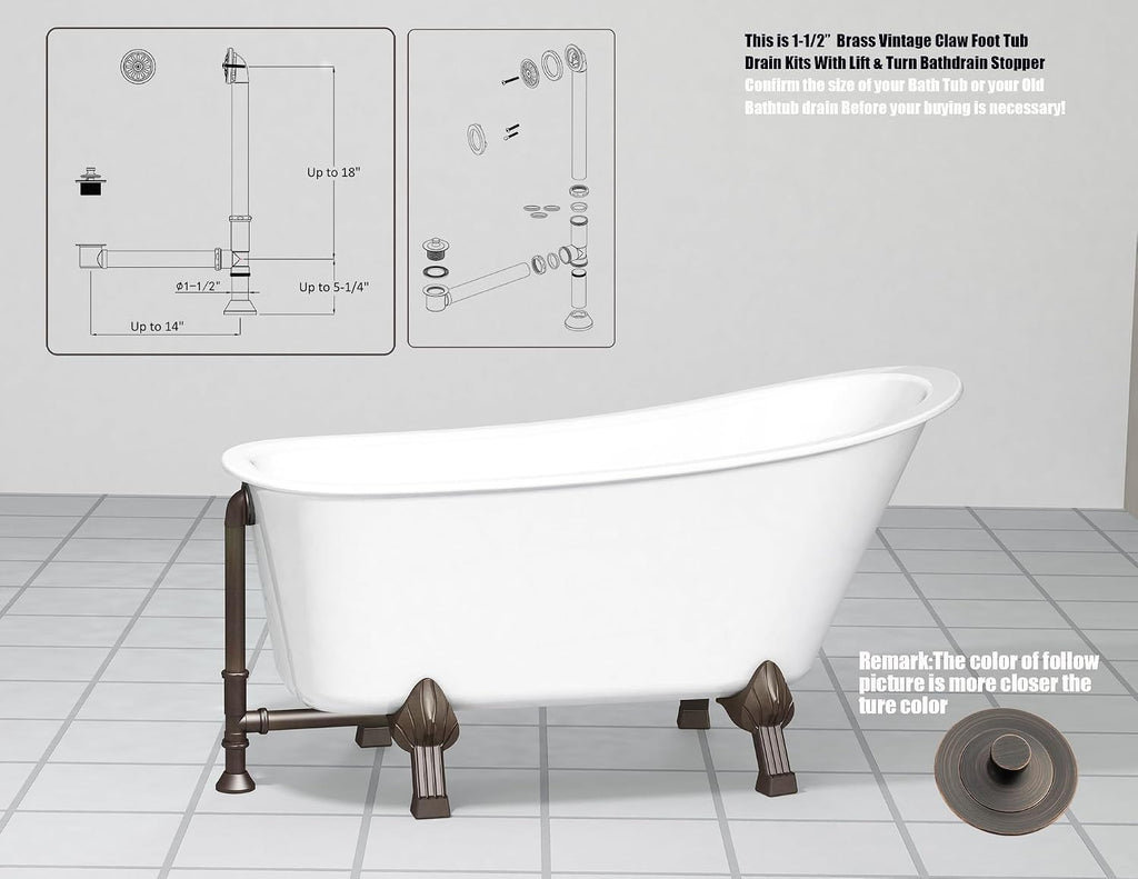 Artiwell Vintage Claw Foot Tub Drain Kit with Lift and Turn Bath Drain Stopper, 1-1/2' Brass Tubular Leg Tub Bathtub Waste and Overflow Drain Assembly with Drain Plug and Bathtub Overflow Cover