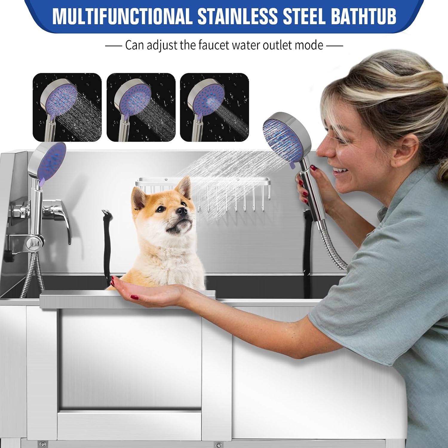 Dog Grooming Tub, L Pet Wash Station, Professional Stainless Steel Pet Grooming Tub With Ramp, Faucet, Sprayer, And Drain Kit