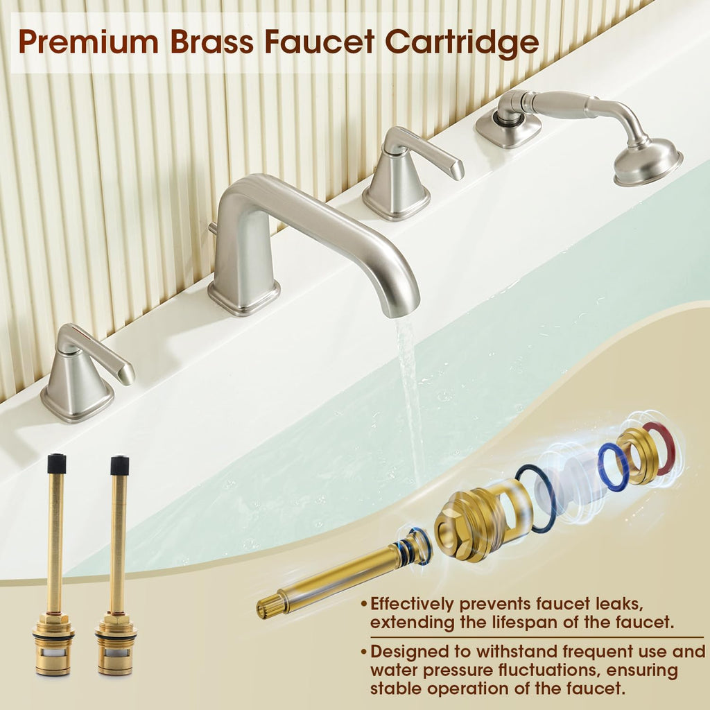 Roman Bathtub Faucet with Sprayer, Qinkell Tub Faucet Set with Valve, 4 Hole Deck Mount Tub Faucets, 2 Handle High Flow Tub Filler with Hand Shower and Supply Lines Brushed Nickel