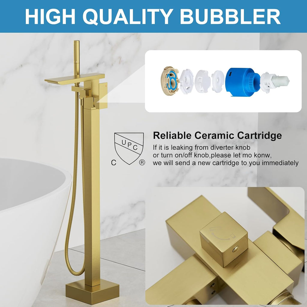 RUMOSE Brushed Gold Bathtub Filler Freestanding Tub Filler Floor Mount Tub Faucet Waterfall Bathtub Faucet with CUPC Certified High Flow Brass Bath Shower Faucets with Handheld Sprayer
