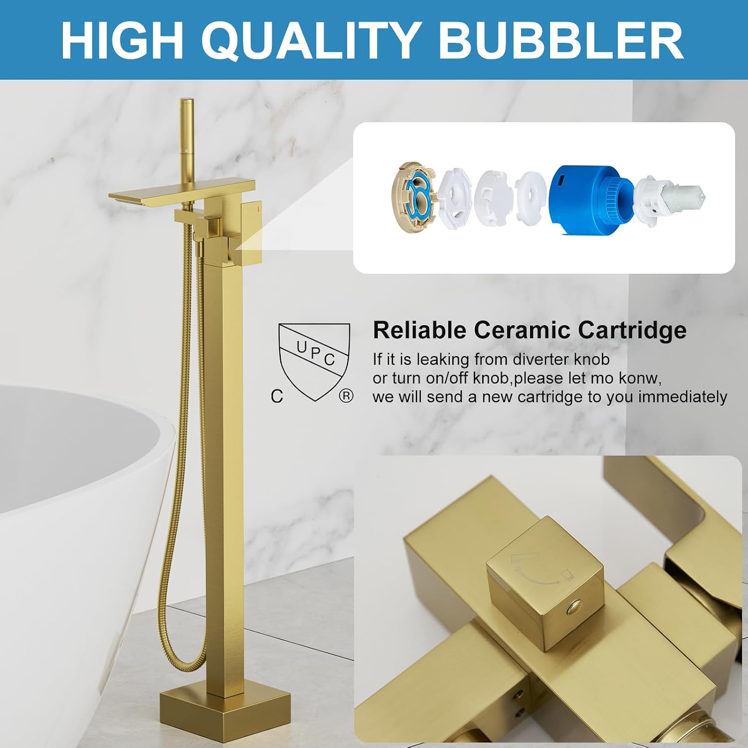 RUMOSE Brushed Gold Bathtub Filler Freestanding Tub Filler Floor Mount Tub Faucet Waterfall Bathtub Faucet with CUPC Certified High Flow Brass Bath Shower Faucets with Handheld Sprayer