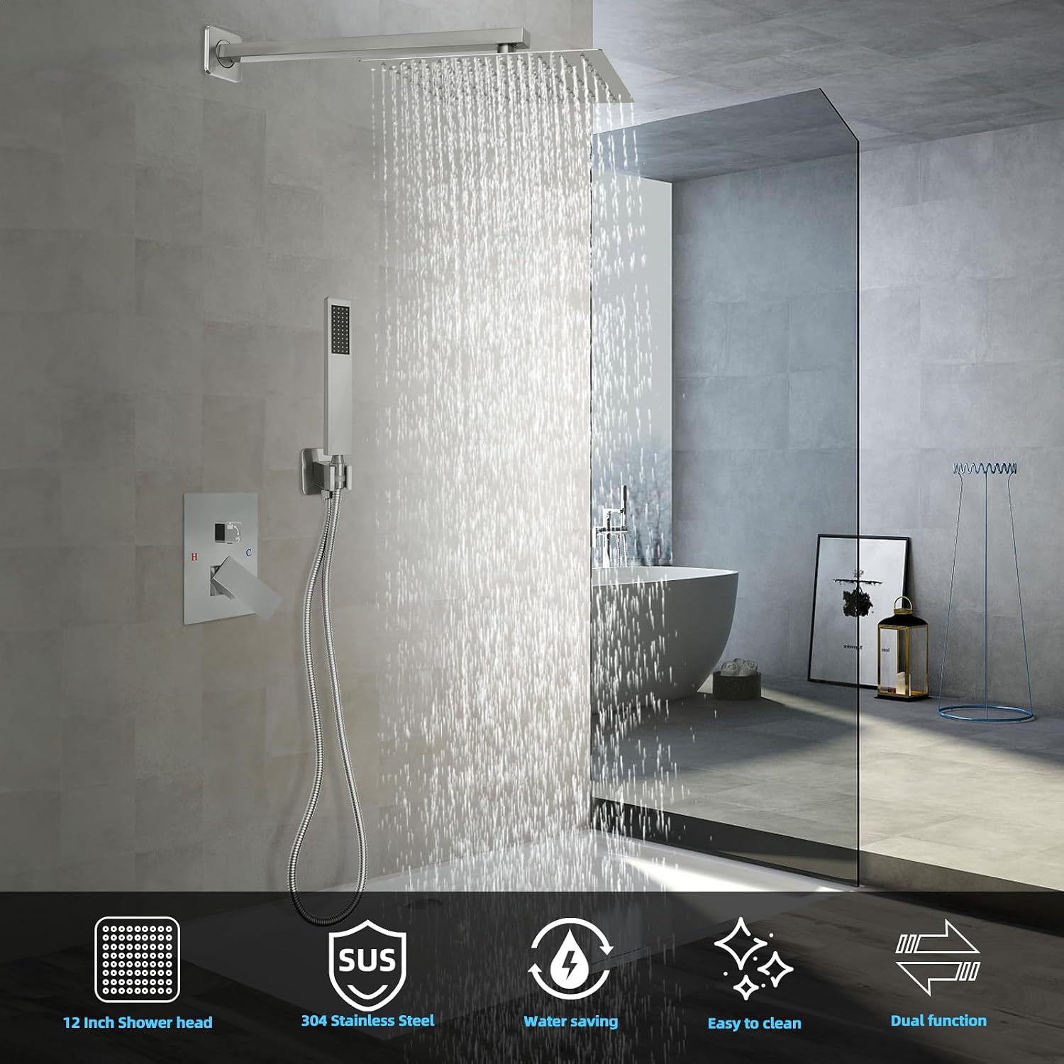 Bathroom Shower Faucet Set，12 Inch Rain Shower Head with Handheld Spray，Brass Shower Valve Trim Kit，Wall Mounted Square Rain Shower System (Brushed Nickel)