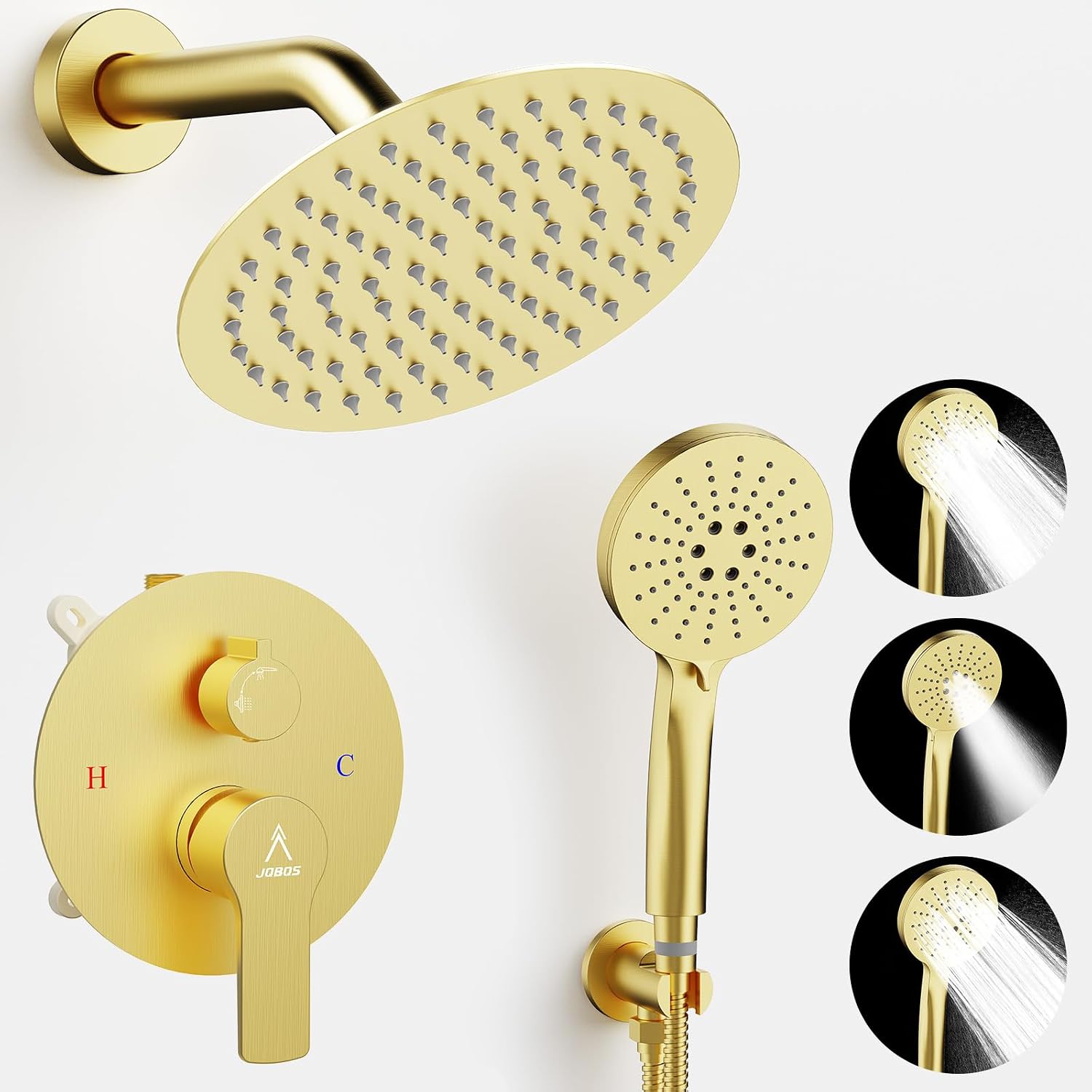 Shower Faucet Set Brass 8IN Rough-In Valve Body Trim Kit Rainfall Included Handle Accessories Complete 2 Functions with Rain Head and Handheld Bathroom Systems (8'', Brushed Gold)